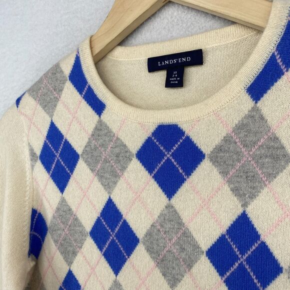 LANDS END Sweater Womens XS 2-4 Cashmere Argyle Long Sleeve Pullover Beige Blue - Picture 2 of 11